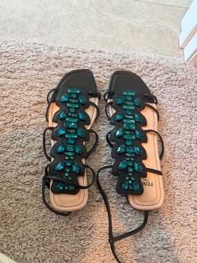 Fendi Black Leather Lace-Up Sandals with Teal Gem Accents